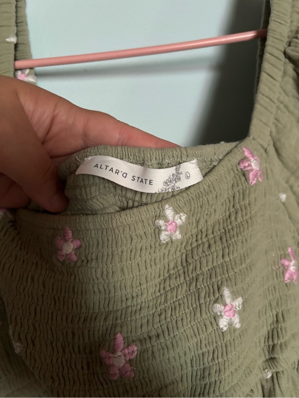 Altar'd State Olive Peplum Top with Pink Floral Embroidery - Picture 3 of 5